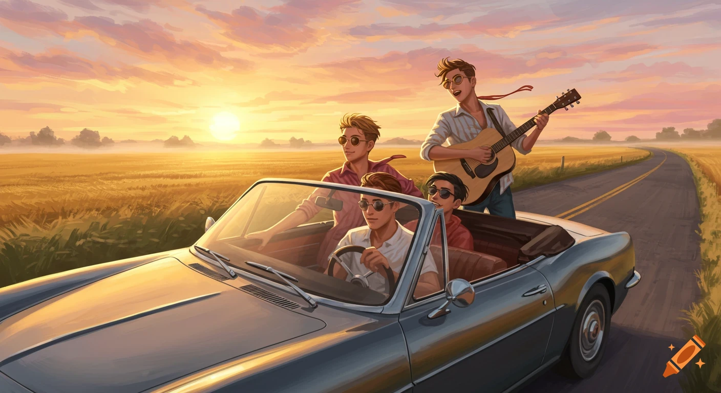 Four men in a classic convertible driving down a country road at sunset, one playing guitar, in an illustrative style.