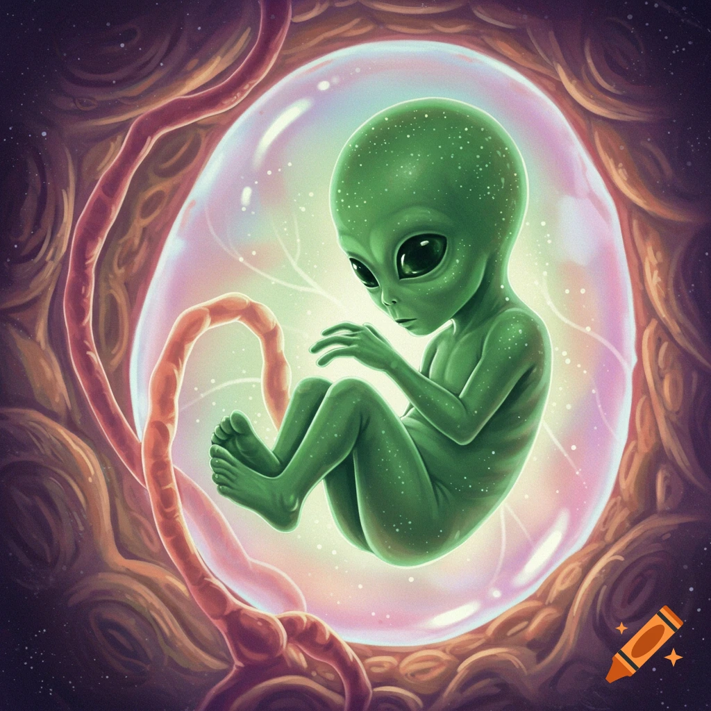 An illustrative image of a green alien fetus with large dark eyes, floating in a glowing, translucent sac within a dark, organic womb-like structure.