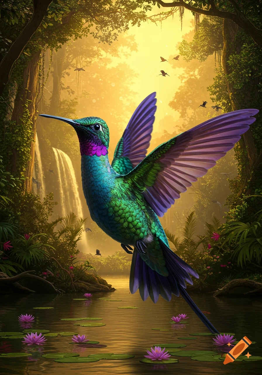 A vibrant hummingbird-like bird with purple and green feathers hovers over a pond with water lilies in a lush jungle with a waterfall and golden light.
