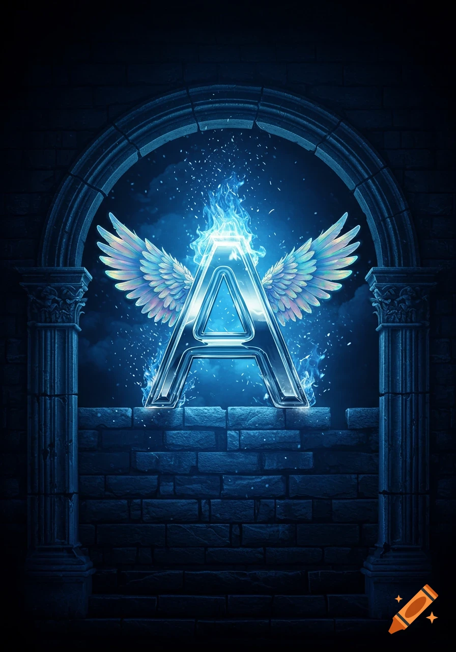 A metallic letter A with colorful wings and blue flames, set within a dark stone archway with pillars.
