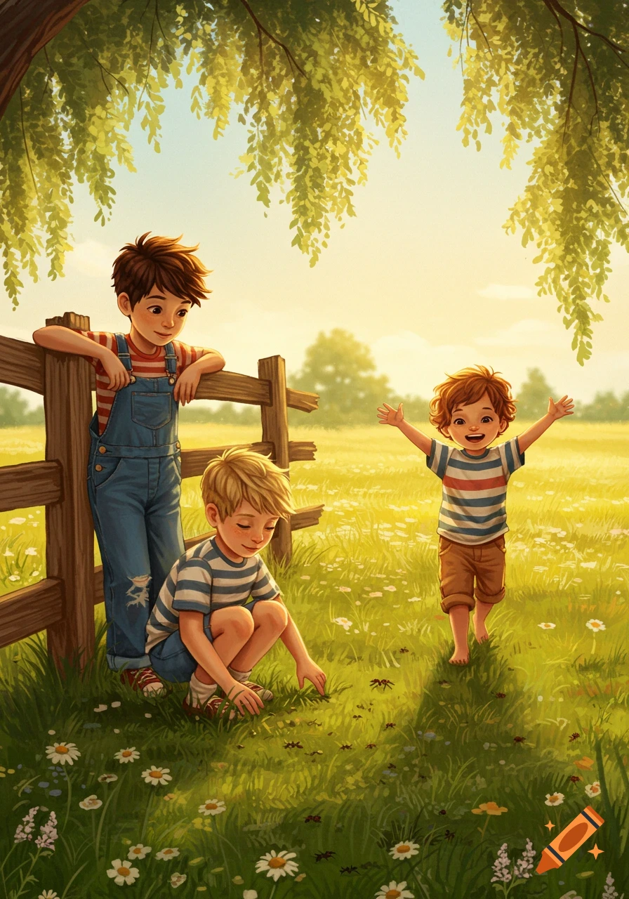 Three boys playing in a sunny field with flowers, one leaning on a fence, one crouching, and one running with open arms. Illustration.