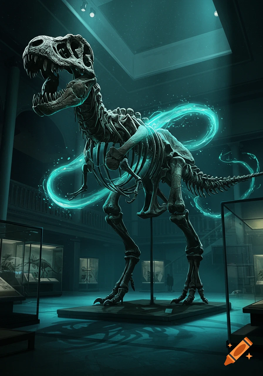 Photorealistic image of a Tyrannosaurus Rex skeleton in a dark museum hall, engulfed by a glowing, teal spirit aura.