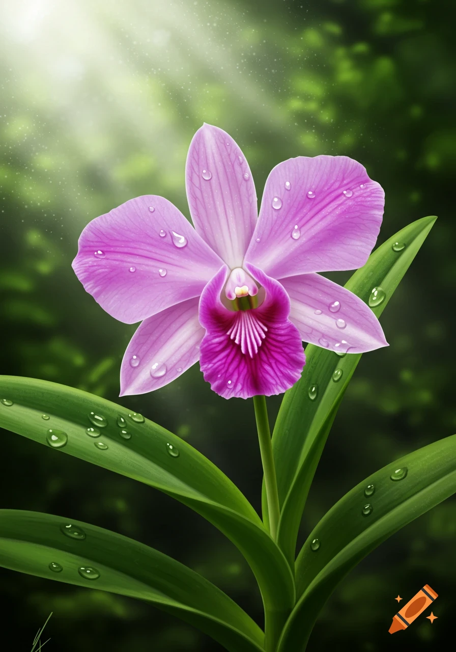 Close-up of a vibrant pink orchid with water droplets on its petals and green leaves, against a blurred sunlit green background.