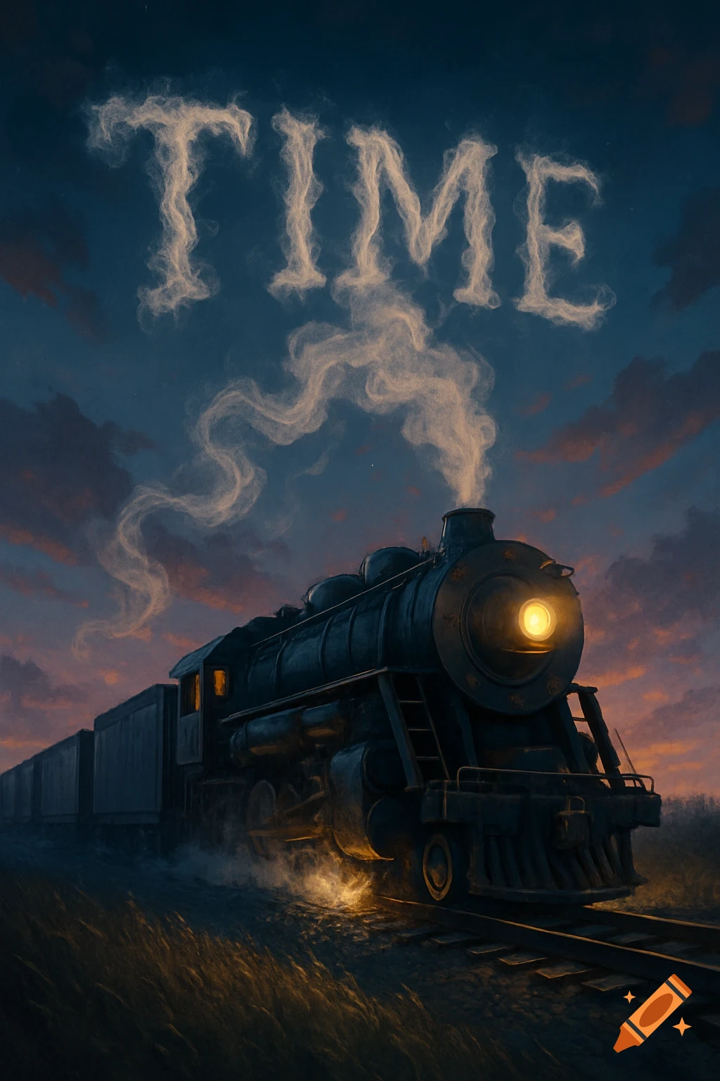 A painterly image of a steam train at dusk, with its smoke forming the word TIME in the sky.