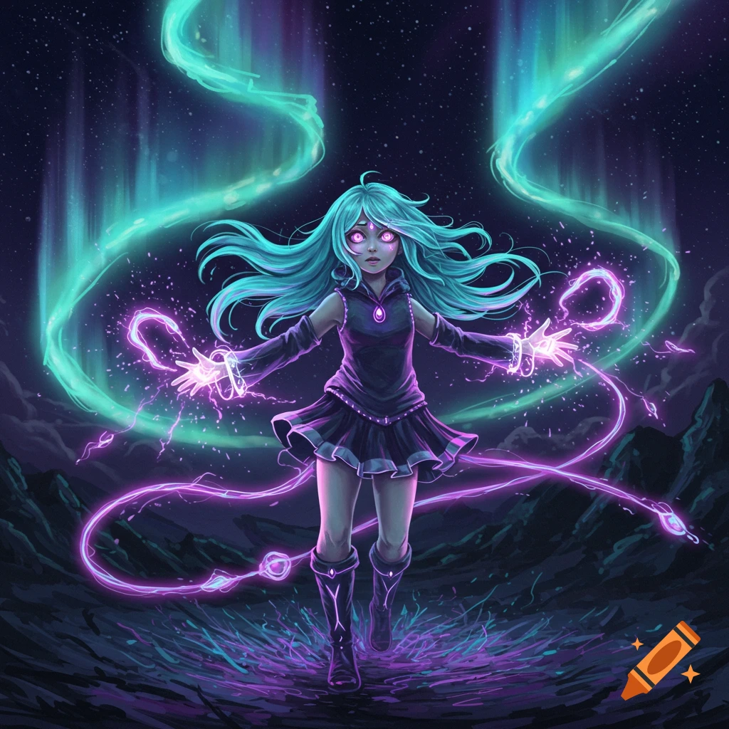 A girl with cyan hair and magenta eyes conjuring purple plasma magic, with a green aurora against a starry sky.