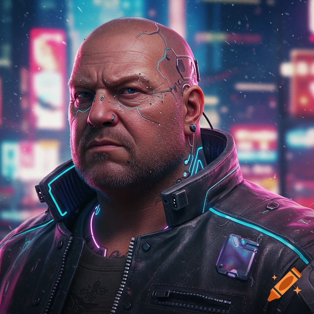 A stern bald man with glowing cybernetic implants and a leather jacket in a neon cyberpunk city portrait.