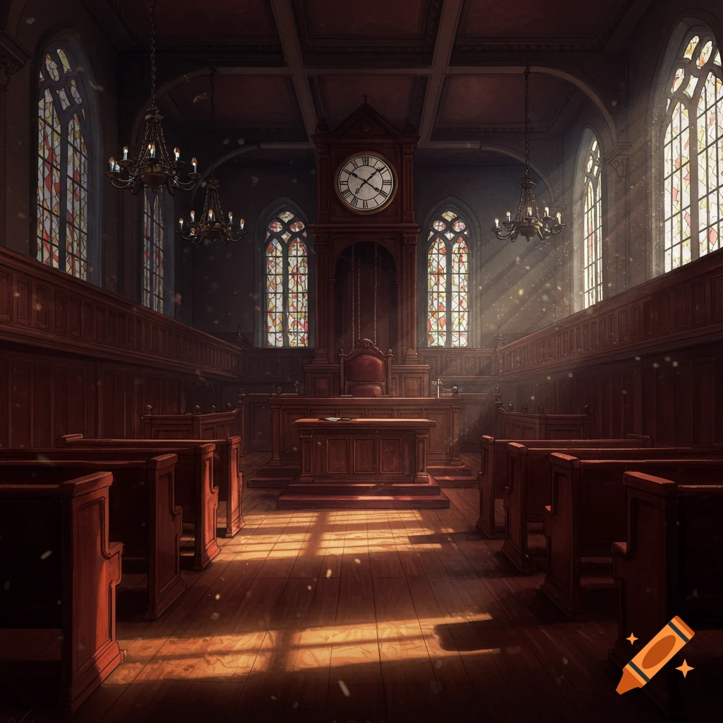 An empty, grand, old-fashioned courtroom interior with dark wooden walls, benches, and a large judge's bench. Sunlight streams through tall stained-glass windows, illuminating dust motes in the air and casting bright rays onto the wooden floor. A large clock is set into the wall above the judge's bench.