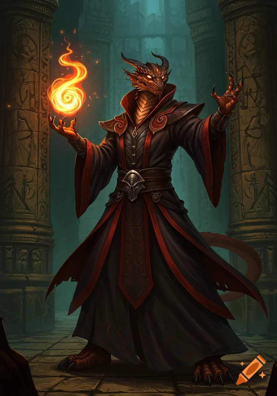 A dragon-like wizard in black and red robes casts a fireball spell in a dimly lit, ancient stone chamber.