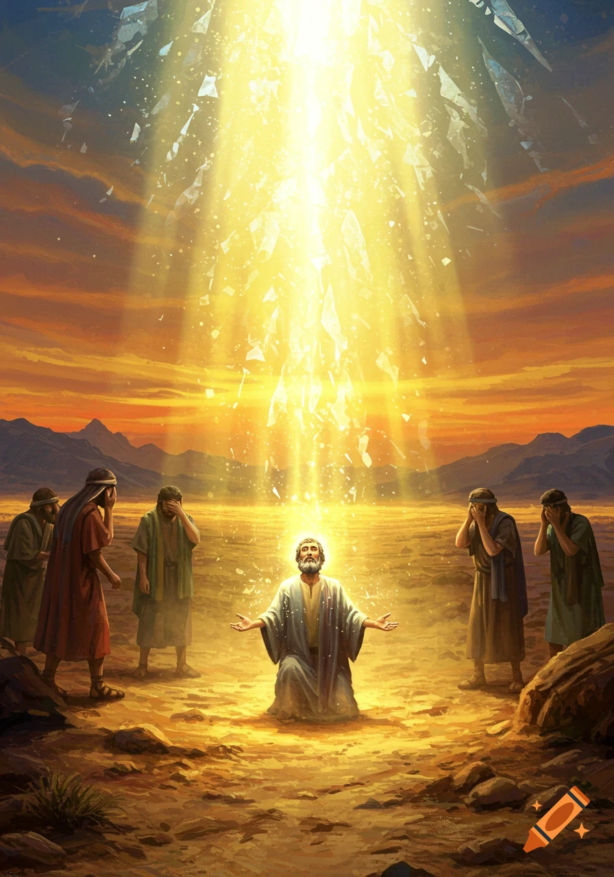 A man kneels on cracked earth, bathed in a brilliant golden light from above, surrounded by other men covering their faces in a desert landscape with mountains under an orange sky.