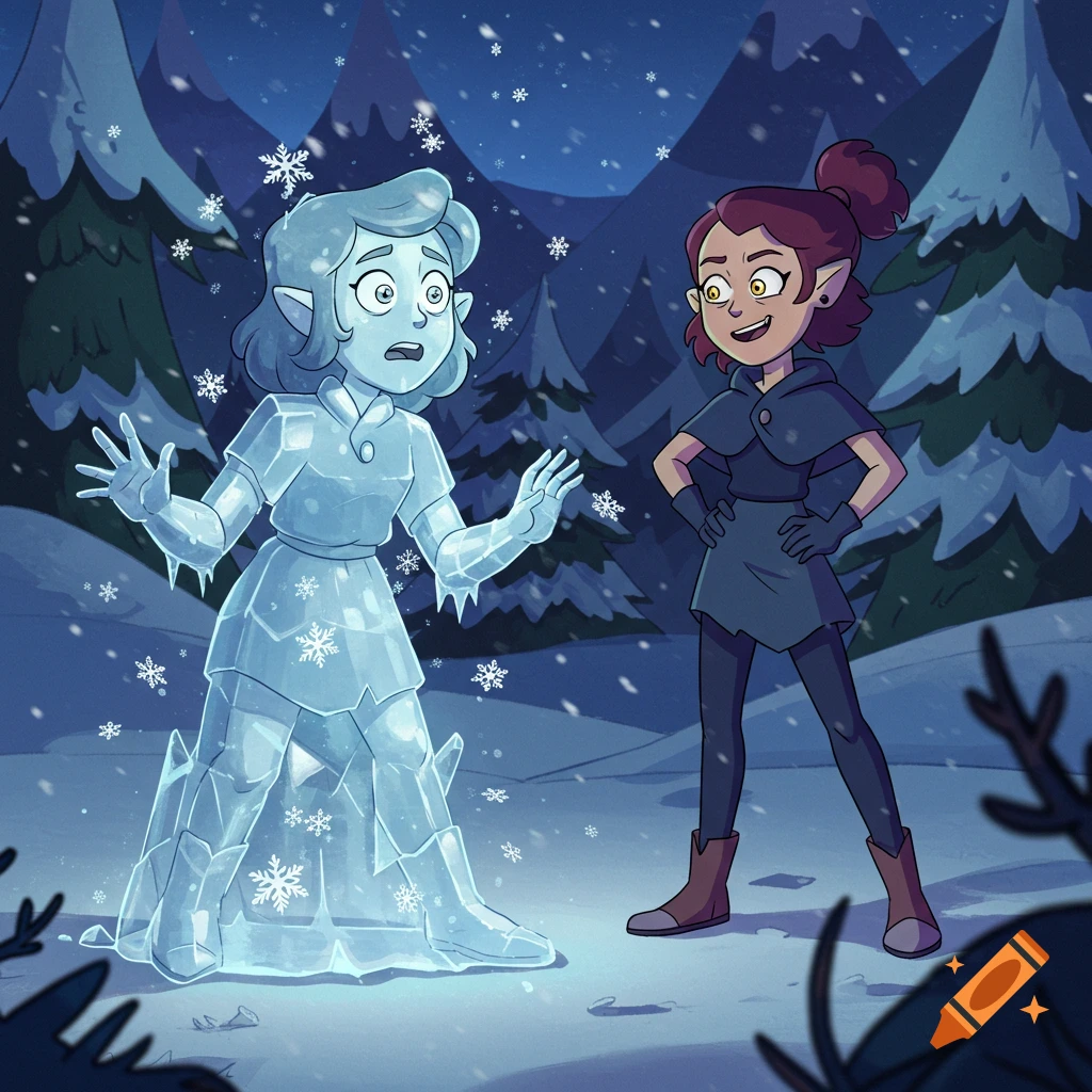 Cartoon characters in a snowy forest; one frozen in ice, another smiling confidently beside her.