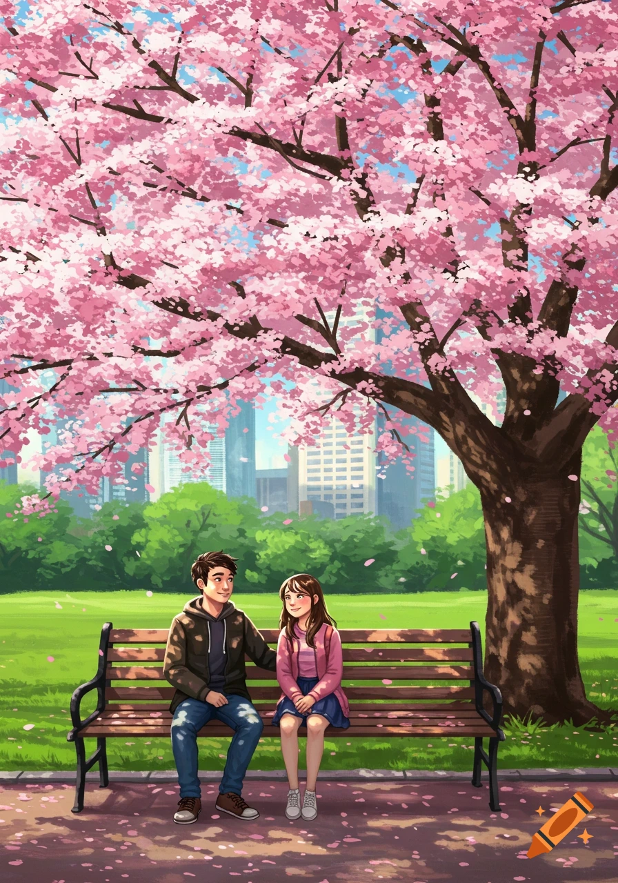 An anime couple sits on a park bench under a large cherry blossom tree with pink petals falling, with city buildings in the background.