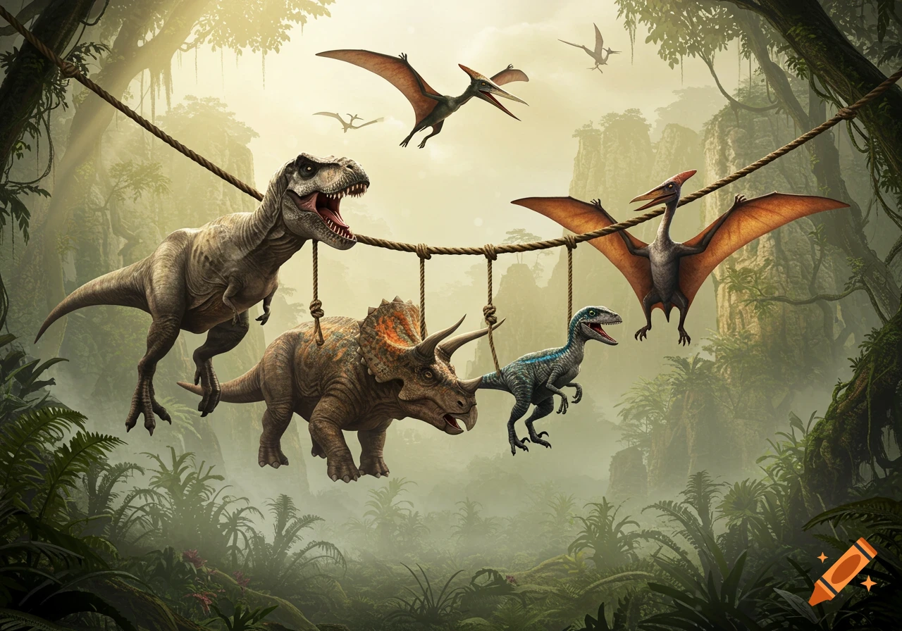 A T-Rex, Triceratops, and Velociraptor hang from a rope bridge in a misty jungle with Pterodactyls flying.