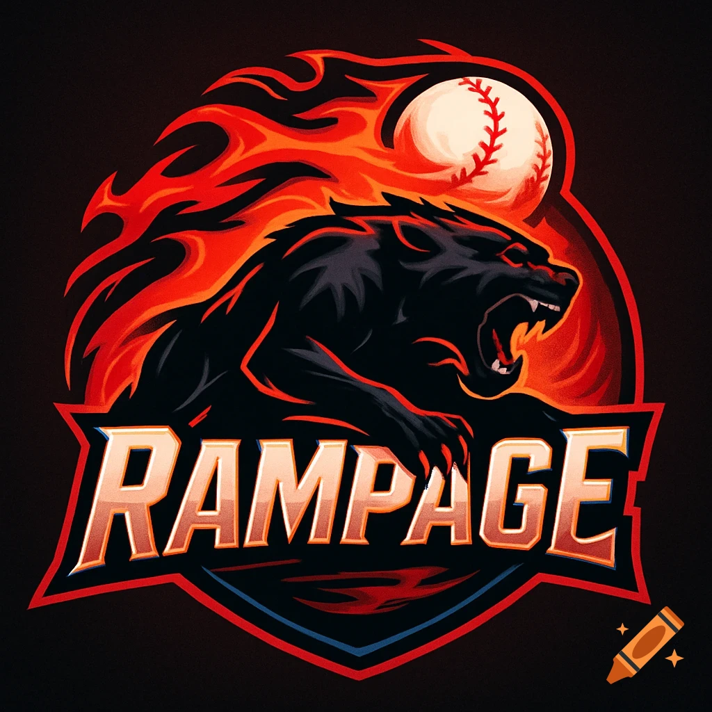 A sports logo featuring a black roaring panther or bear, red flames, a baseball, and the word RAMPAGE.