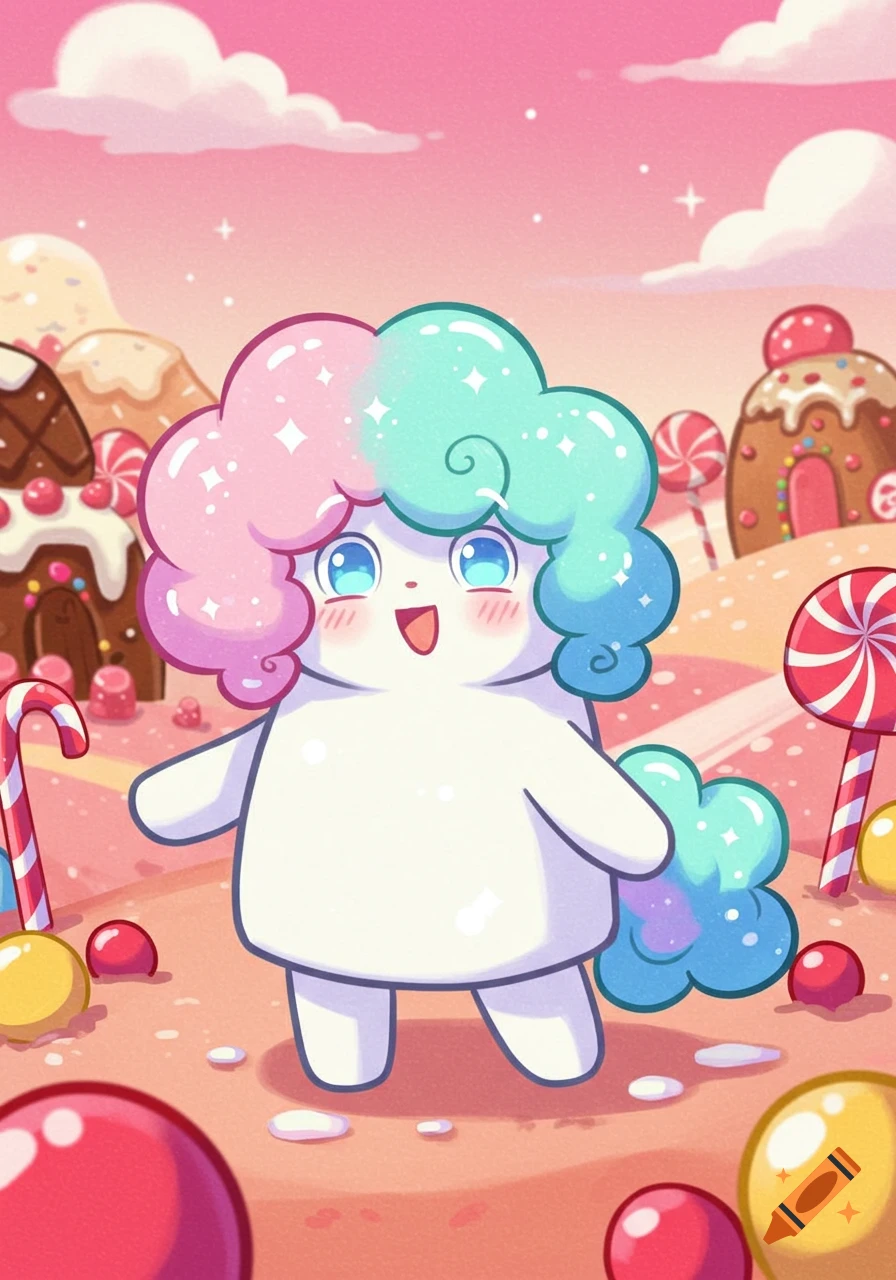 A happy, white marshmallow creature with fluffy pink and blue hair stands in a vibrant candy land with gingerbread houses and lollipops, cartoon style.