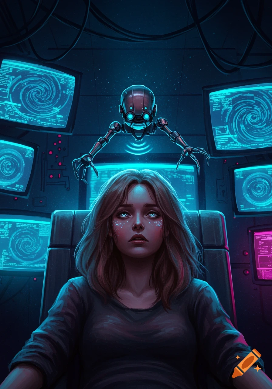 A young woman with glowing blue eyes looks up, seemingly brainwashed, as a small metallic robot hovers above her in a dark, neon-lit control room with multiple screens displaying blue code.