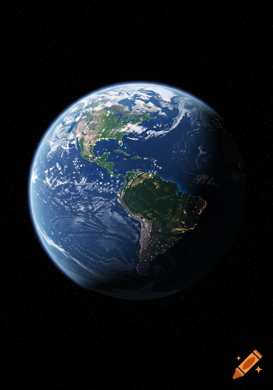 A detailed photorealistic view of Earth from space, showing North and South America and city lights.