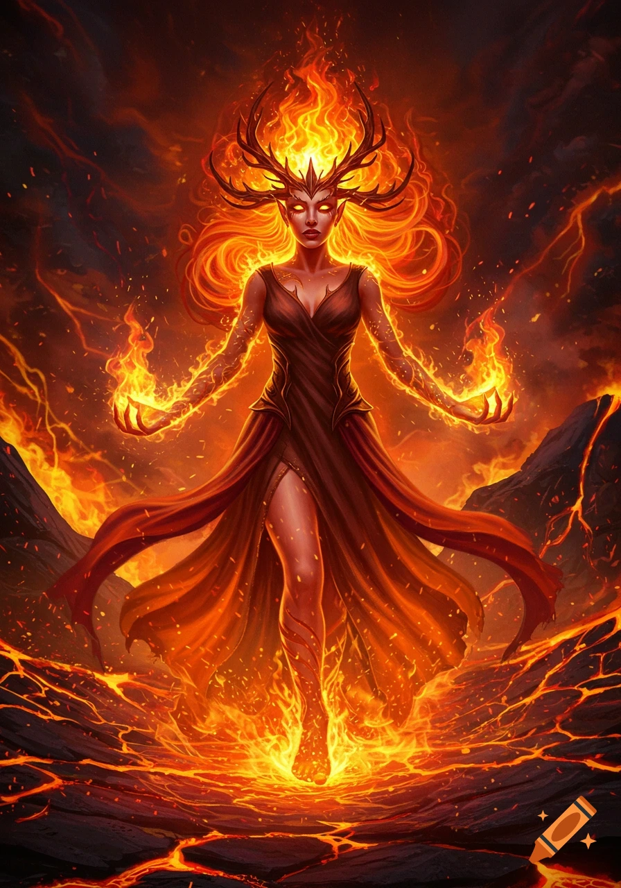 A fiery goddess with antlers and glowing eyes stands powerfully amidst a lava landscape, engulfed in flames, digital art.