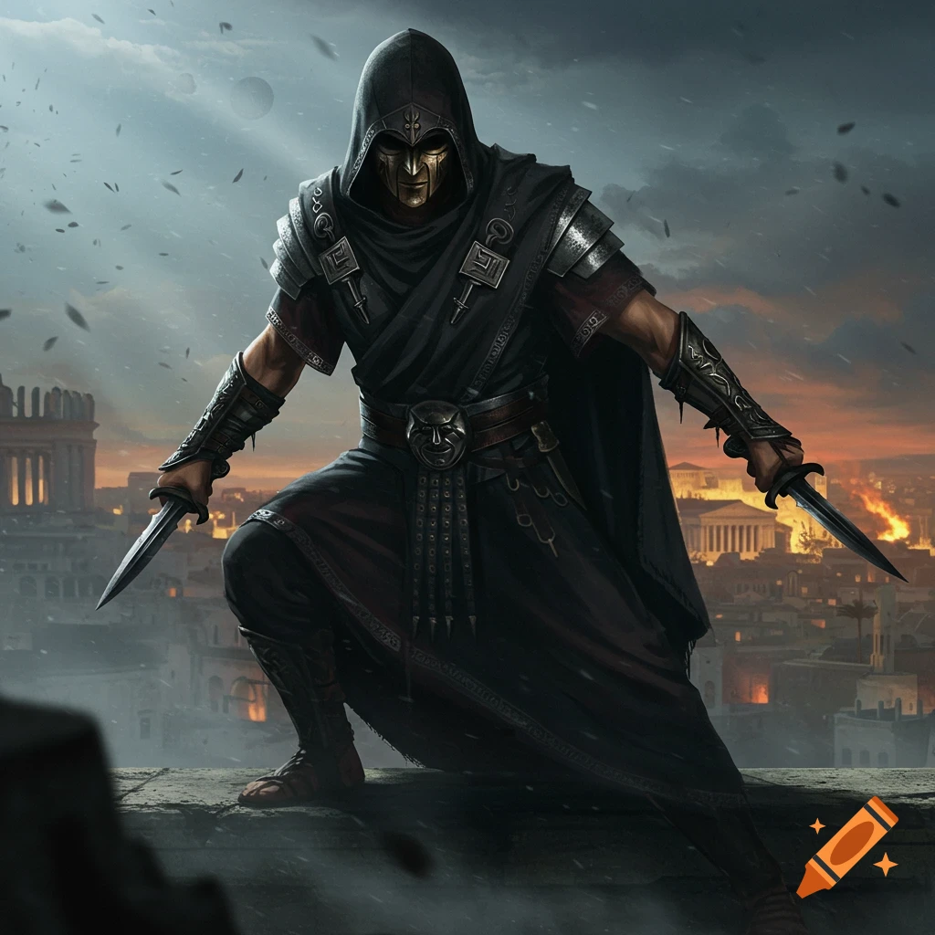 A masked assassin in dark robes crouches on a rooftop, holding two daggers over an ancient city at dusk with fires burning.