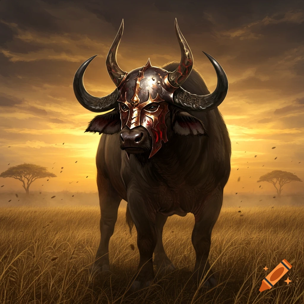 An armored African buffalo stands in a sunlit savanna field with acacia trees under an orange sky.