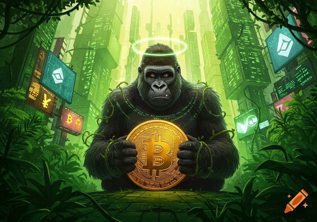 A large gorilla with a glowing halo sits in a vibrant green cyber-jungle, holding a golden Bitcoin coin.
