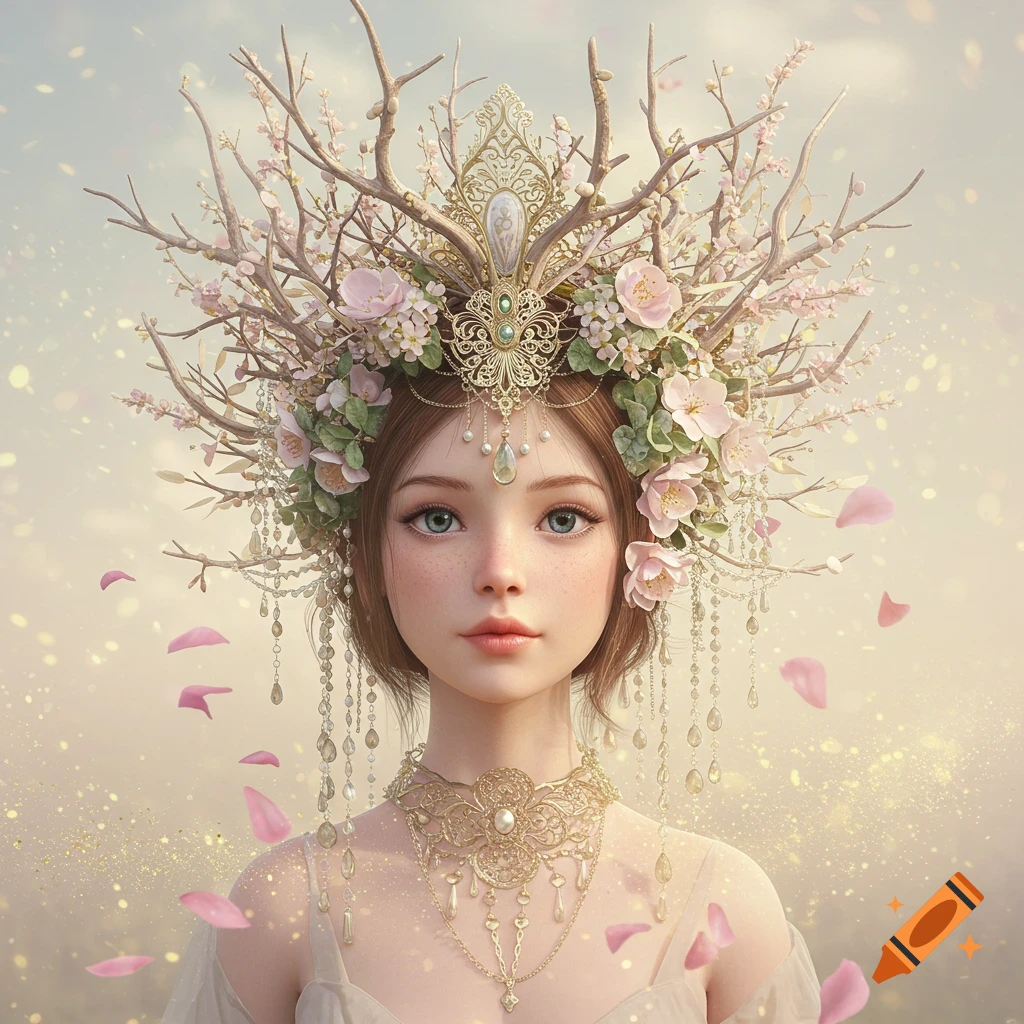 A young woman wearing an elaborate headpiece made of branches and pink flowers, and a golden necklace, against a soft, dreamy background.
