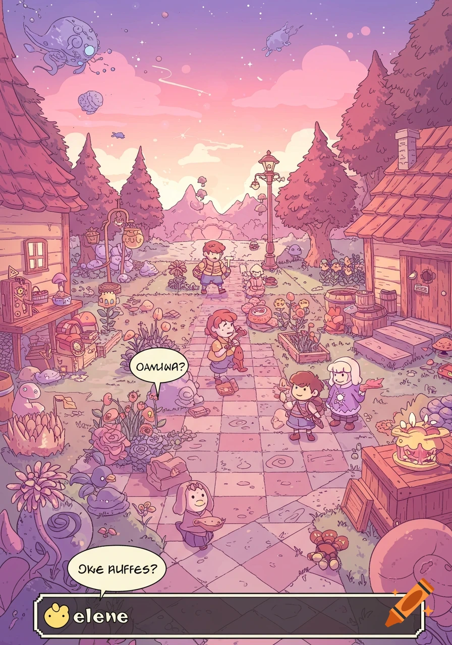 A whimsical, hand-drawn cartoon RPG scene with children, pastel houses, trees, and floating creatures in a village.