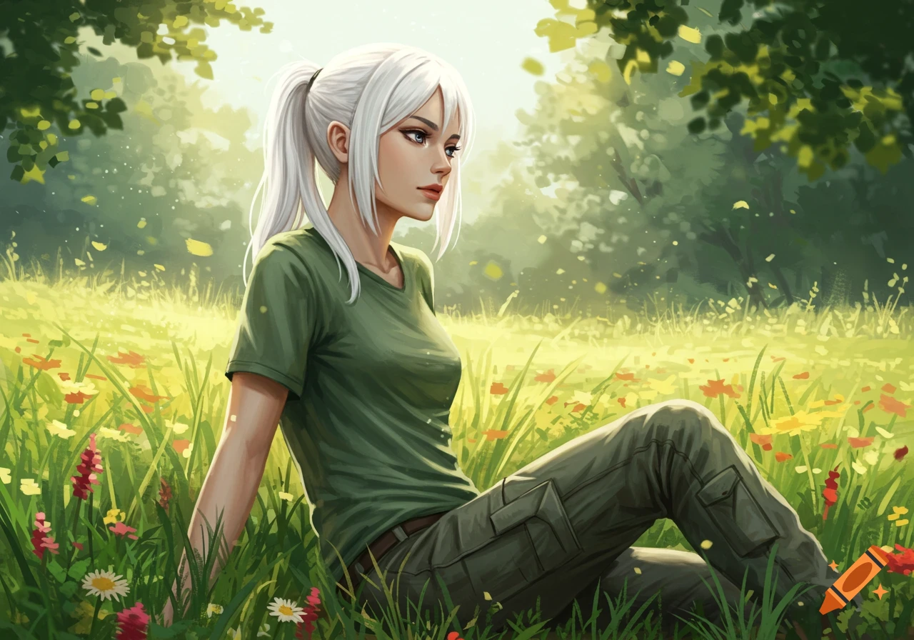 Young woman with white hair in a ponytail and bangs, wearing a green shirt and cargo pants, sitting in a sunny field with flowers. Digital art.