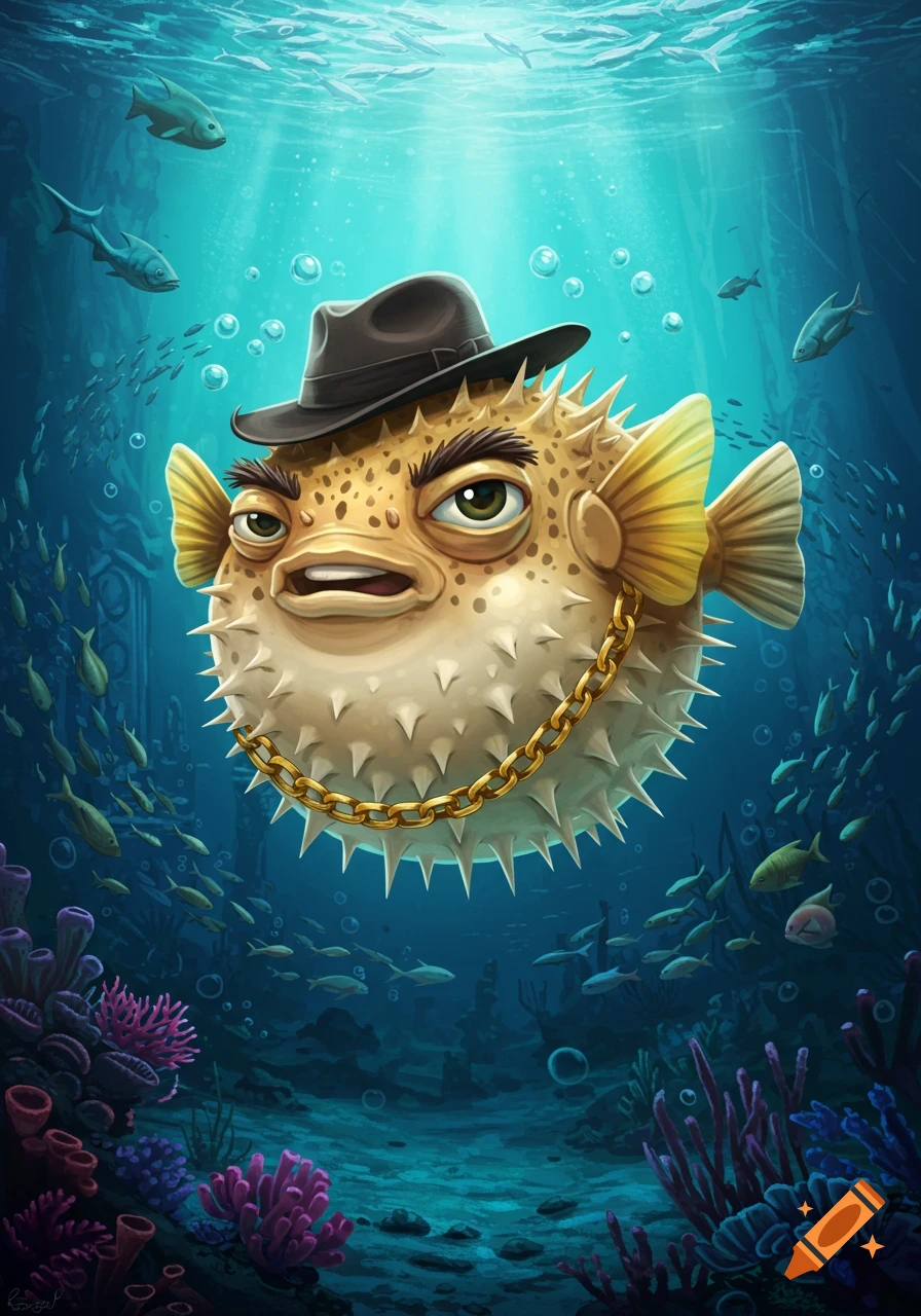 A grumpy, cartoonish pufferfish wearing a black fedora and gold chain swims underwater among other fish and coral.
