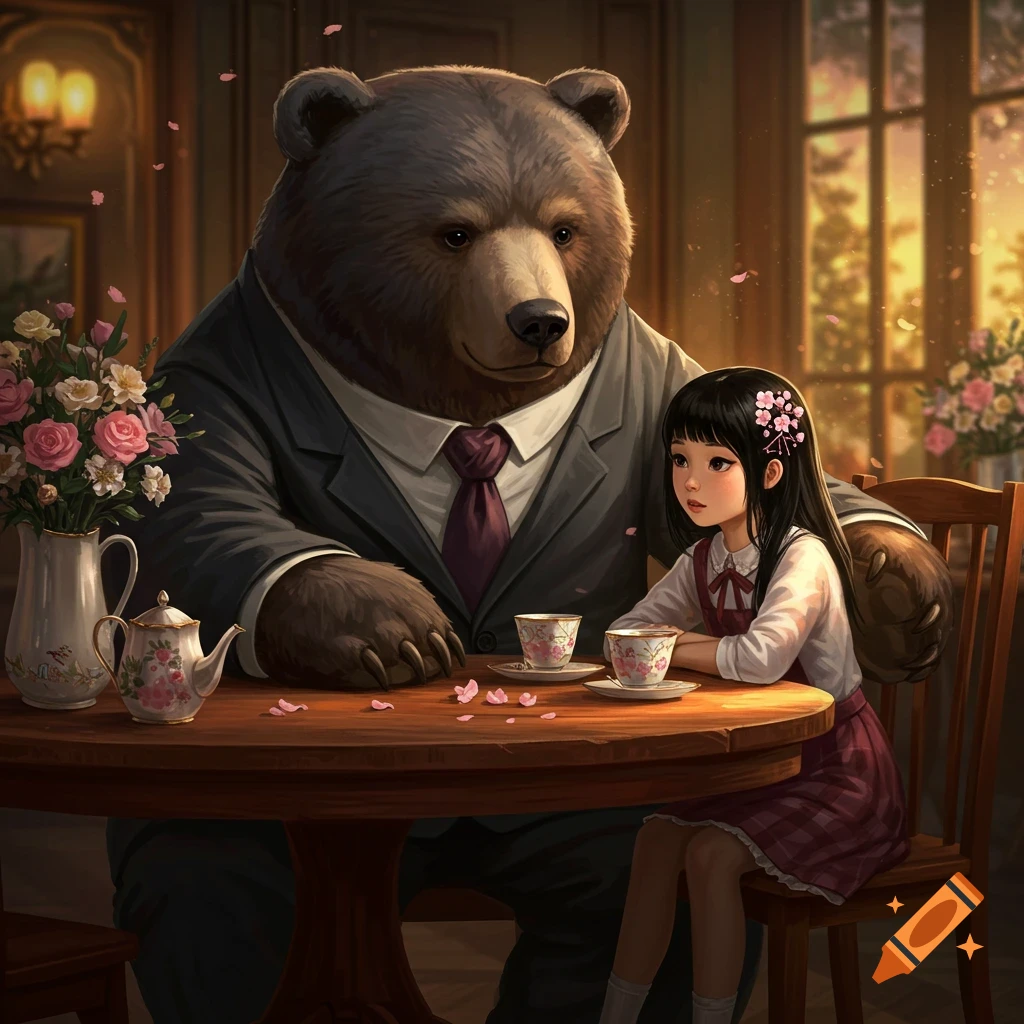 A large brown bear in a suit sits at a wooden table across from a small Asian girl with cherry blossoms in her hair, having tea in a cozy room.