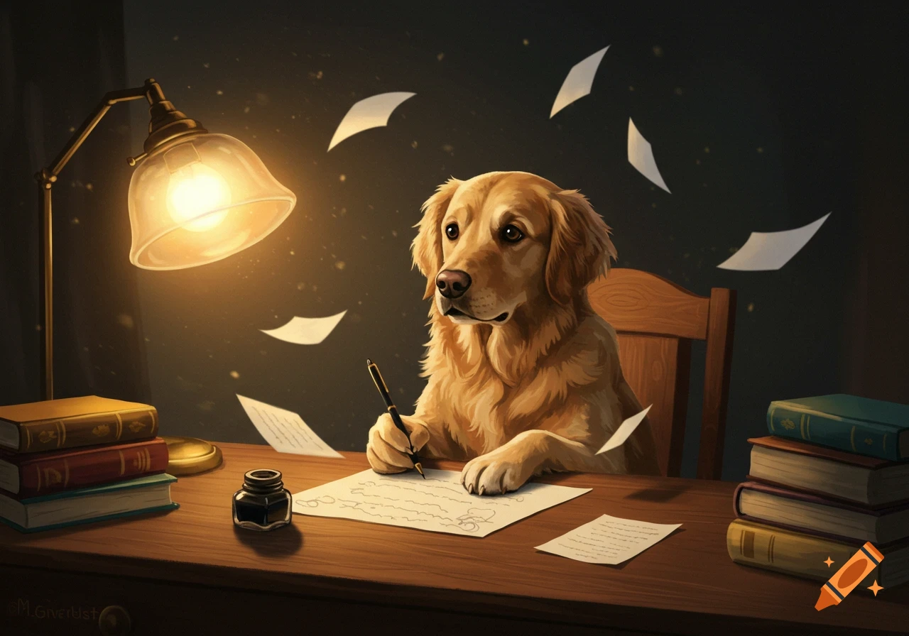 A golden retriever dog sits at a wooden desk, holding a pen and writing on a piece of paper under the warm glow of a desk lamp. Books and an inkwell are on the desk, with papers floating around the room. Painterly style.