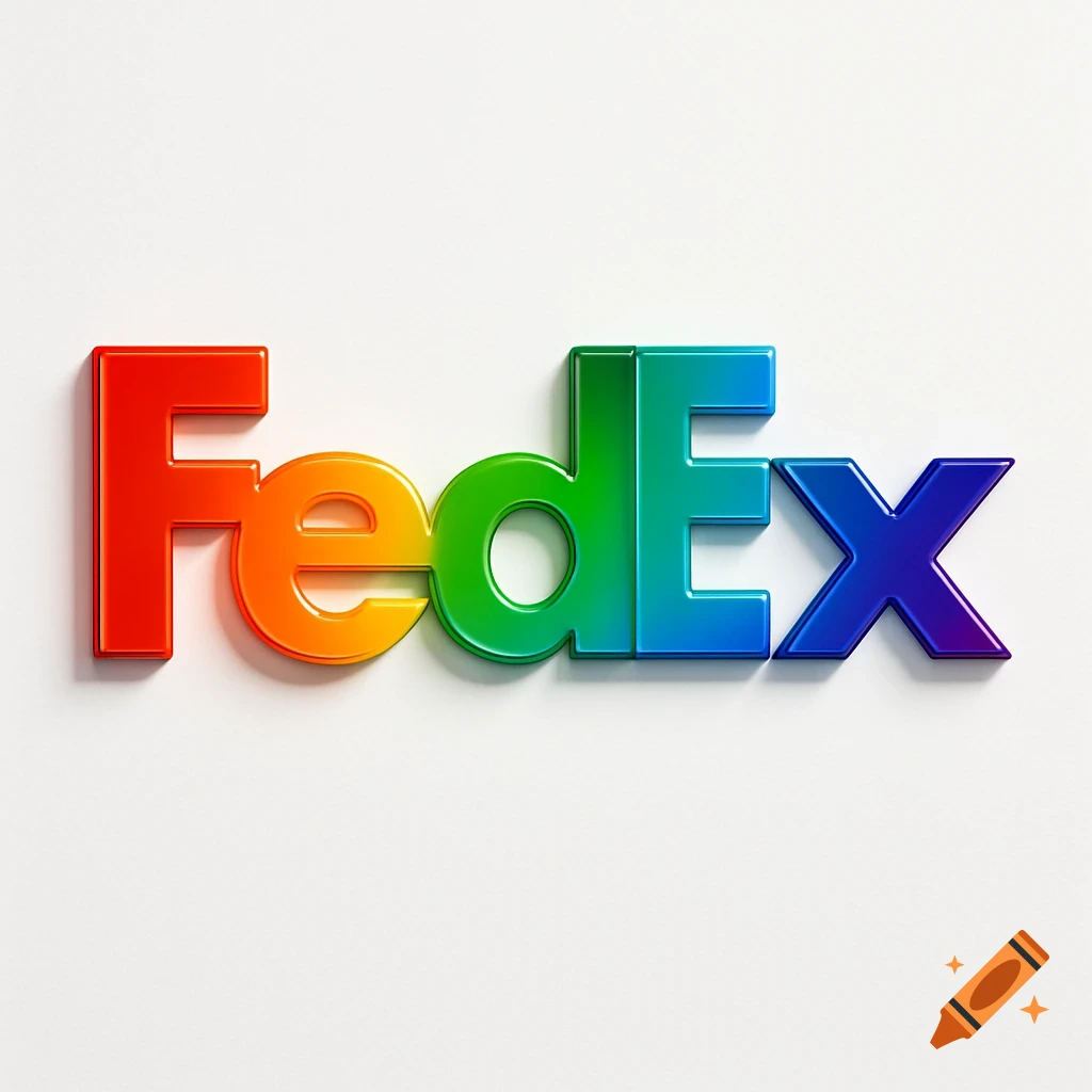 A 3D rendering of the FedEx logo with each letter colored in a different rainbow hue on a white background.