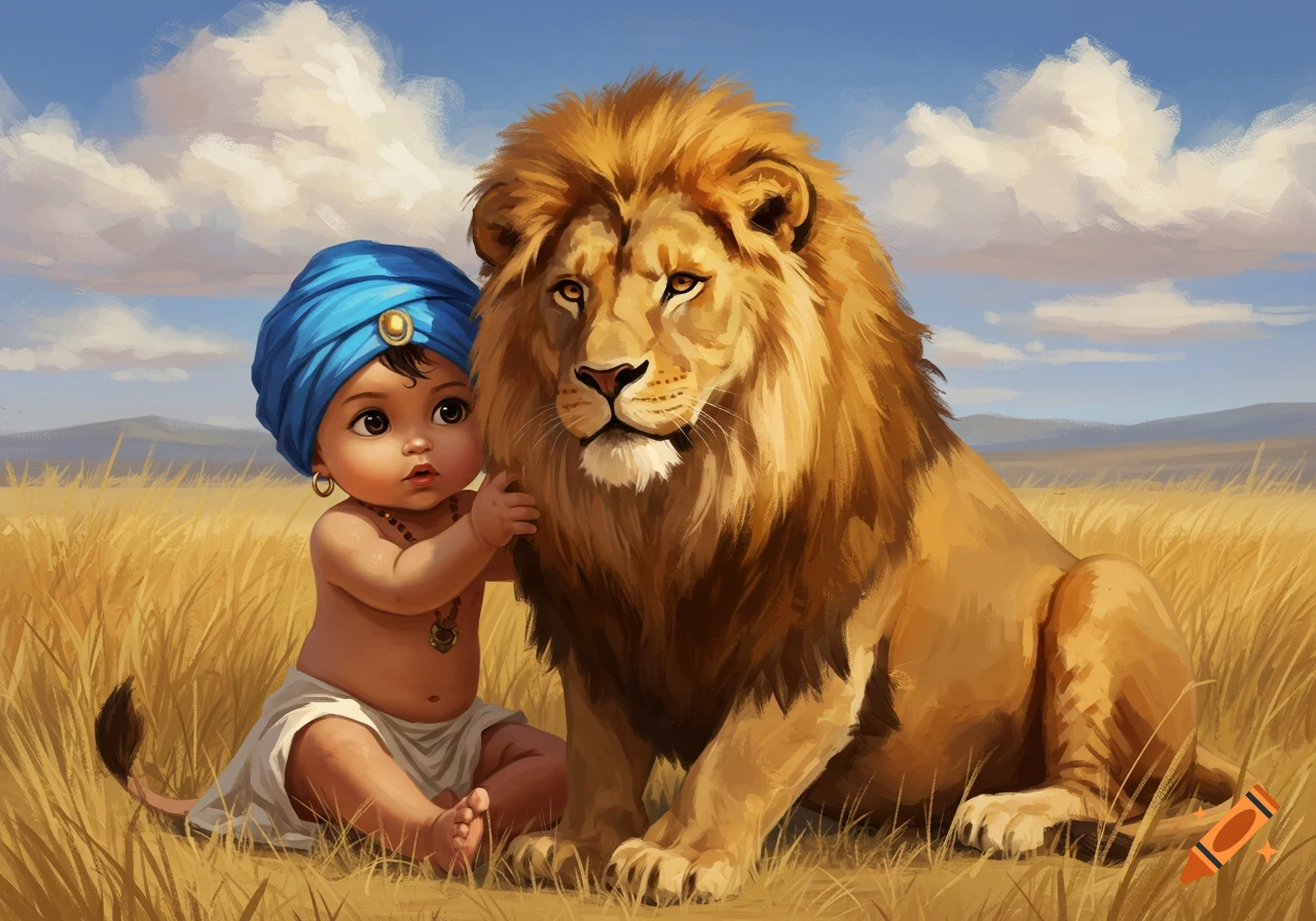 A cute baby in a blue turban gently touches a large lion in a grassy savanna, painted in an illustrative style.