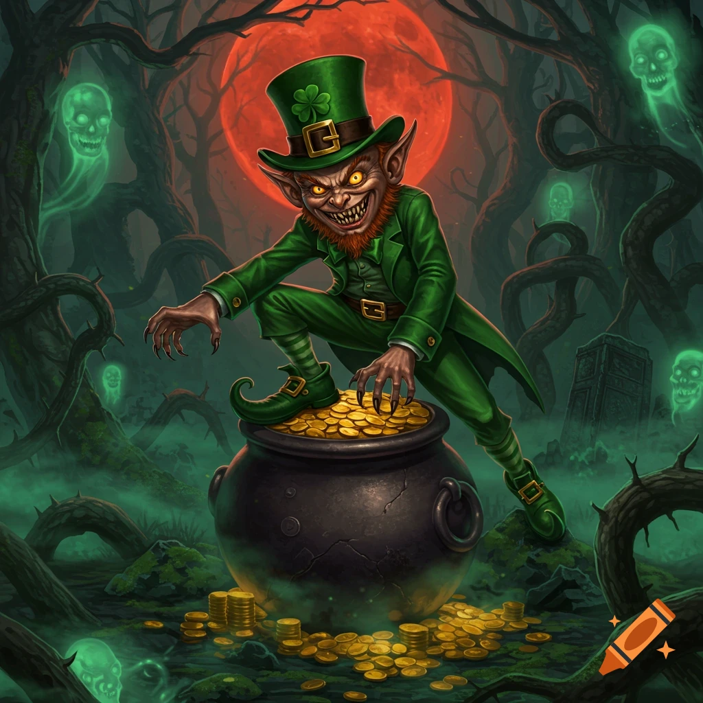 Evil leprechaun with sharp teeth and claws on a pot of gold in a spooky forest with glowing skulls under a red moon, dark fantasy art.