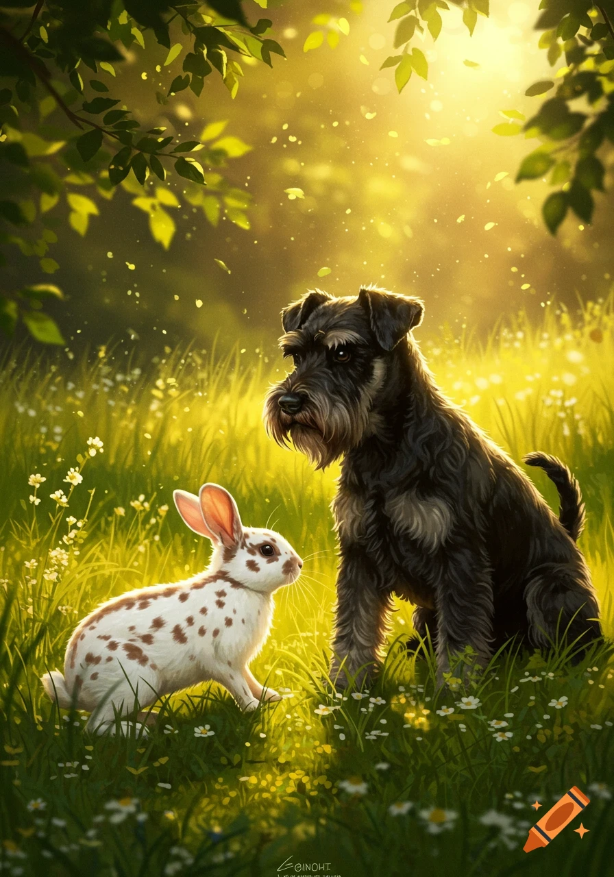 A black schnauzer dog and a white and brown spotted rabbit gaze at each other in a sun-drenched, grassy field under tree branches, in a digital art style.