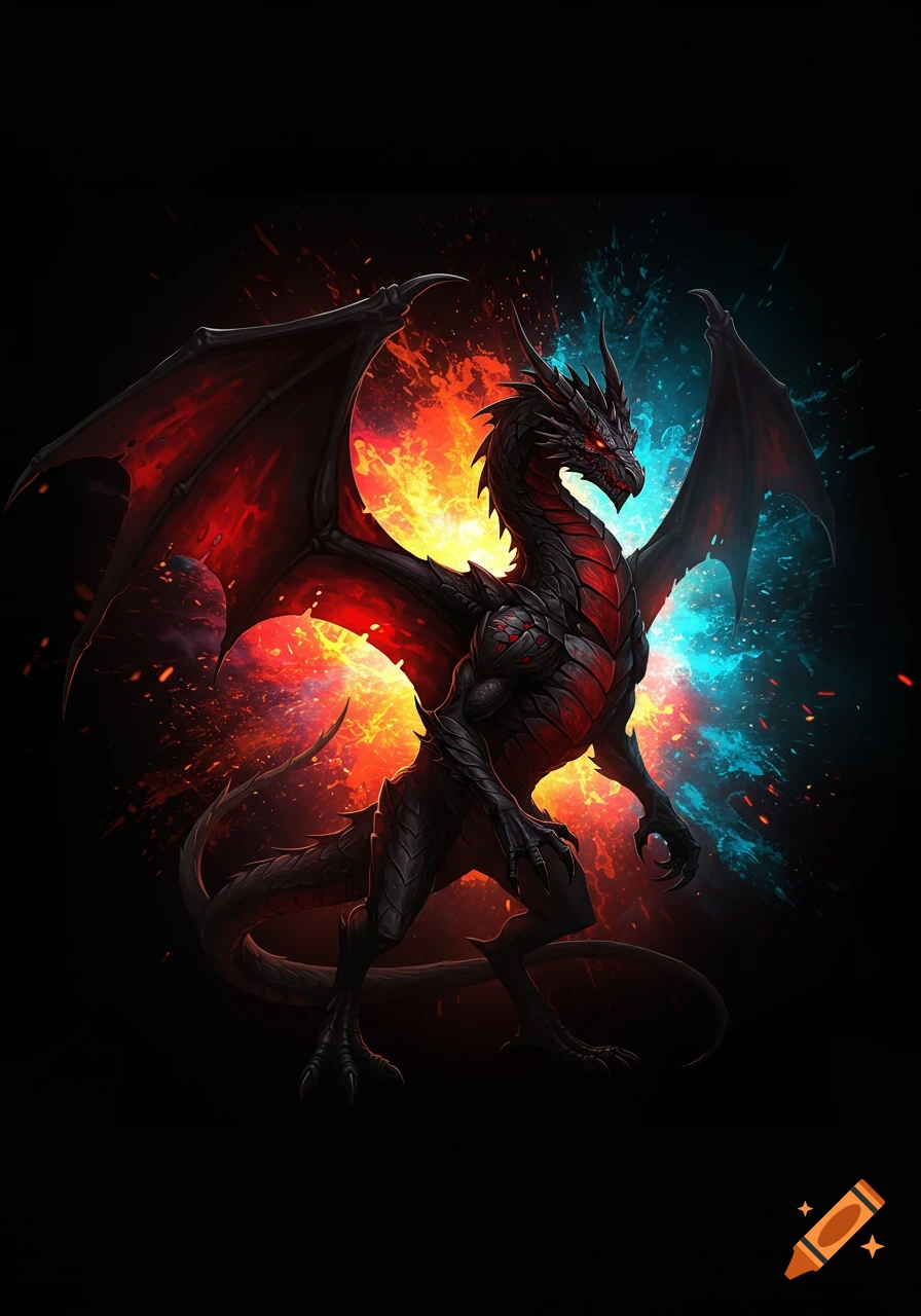 A majestic black and red dragon with glowing red eyes stands against a dynamic background of red and blue exploding light.