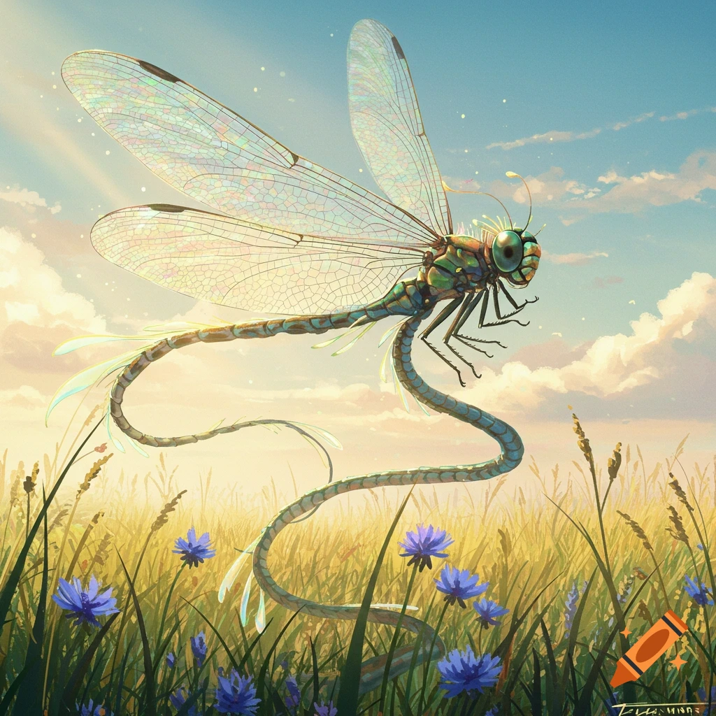 A fantastical giant dragonfly with a long snake-like tail hovers over a field of tall grass and blue flowers at sunset.
