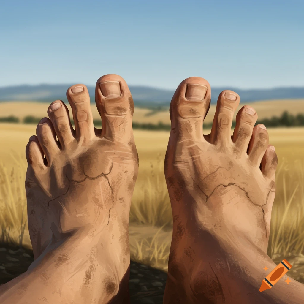 A first-person view of dirty, cracked bare feet resting in a golden field under a clear blue sky.