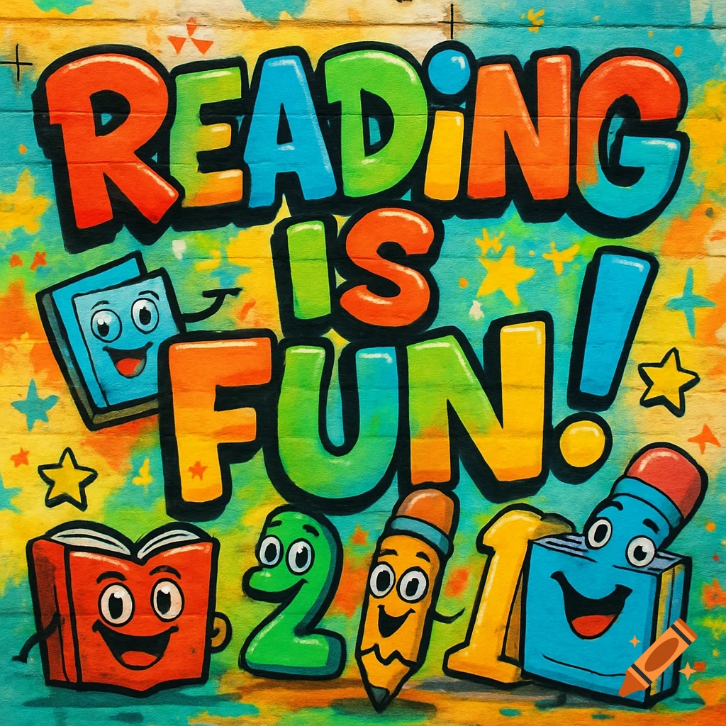 Colorful graffiti art spells 'READING IS FUN!' surrounded by smiling cartoon books, pencils, and numbers on a brick wall.