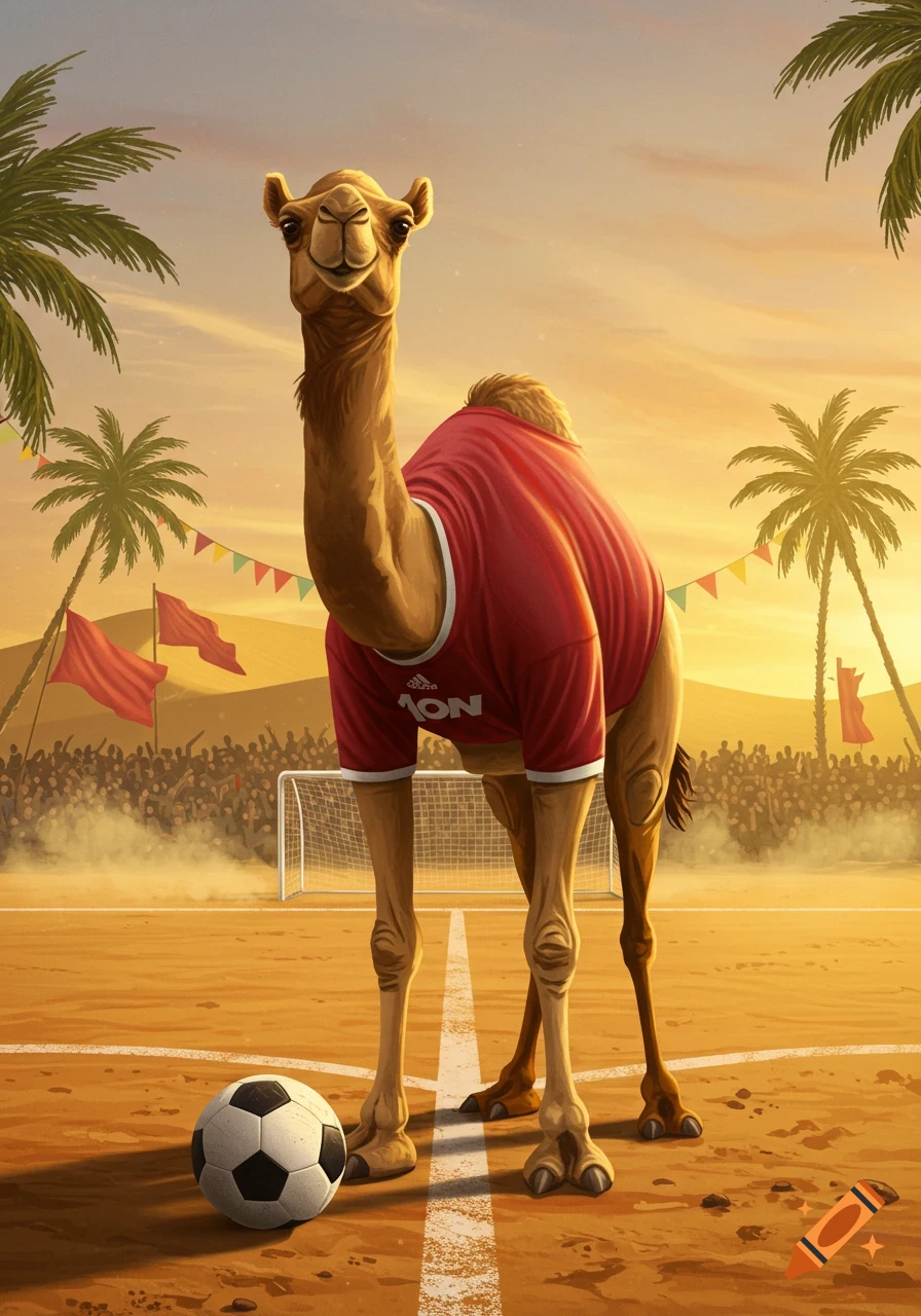 A cartoon camel in a red soccer jersey stands on a desert soccer field with a ball, a goal, fans, and palm trees in the background.