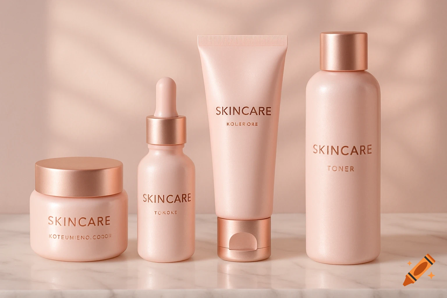 Four baby pink skincare products with rose gold caps on a marble surface, lit by soft light.