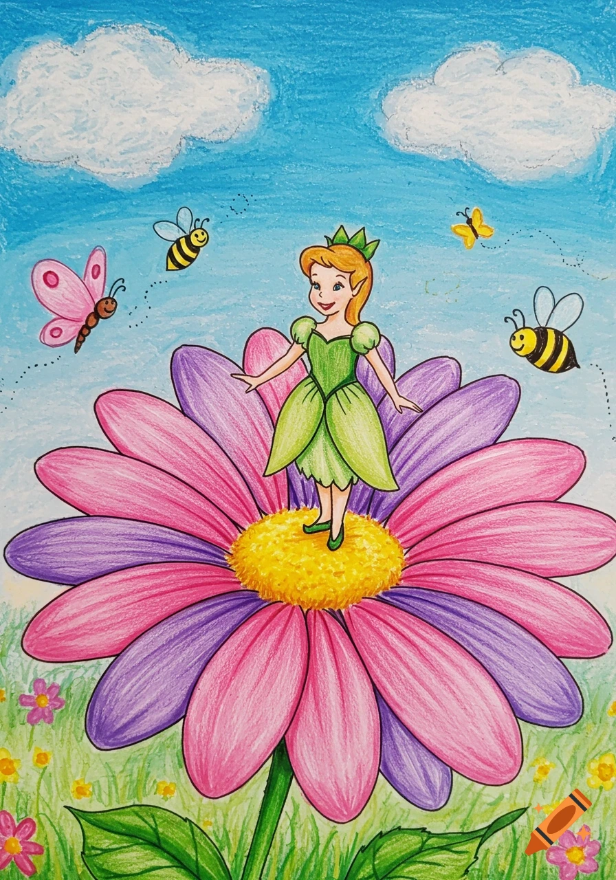 Crayon drawing of Thumbalina on a large pink and purple flower, with bees and butterflies flying around under a blue sky.