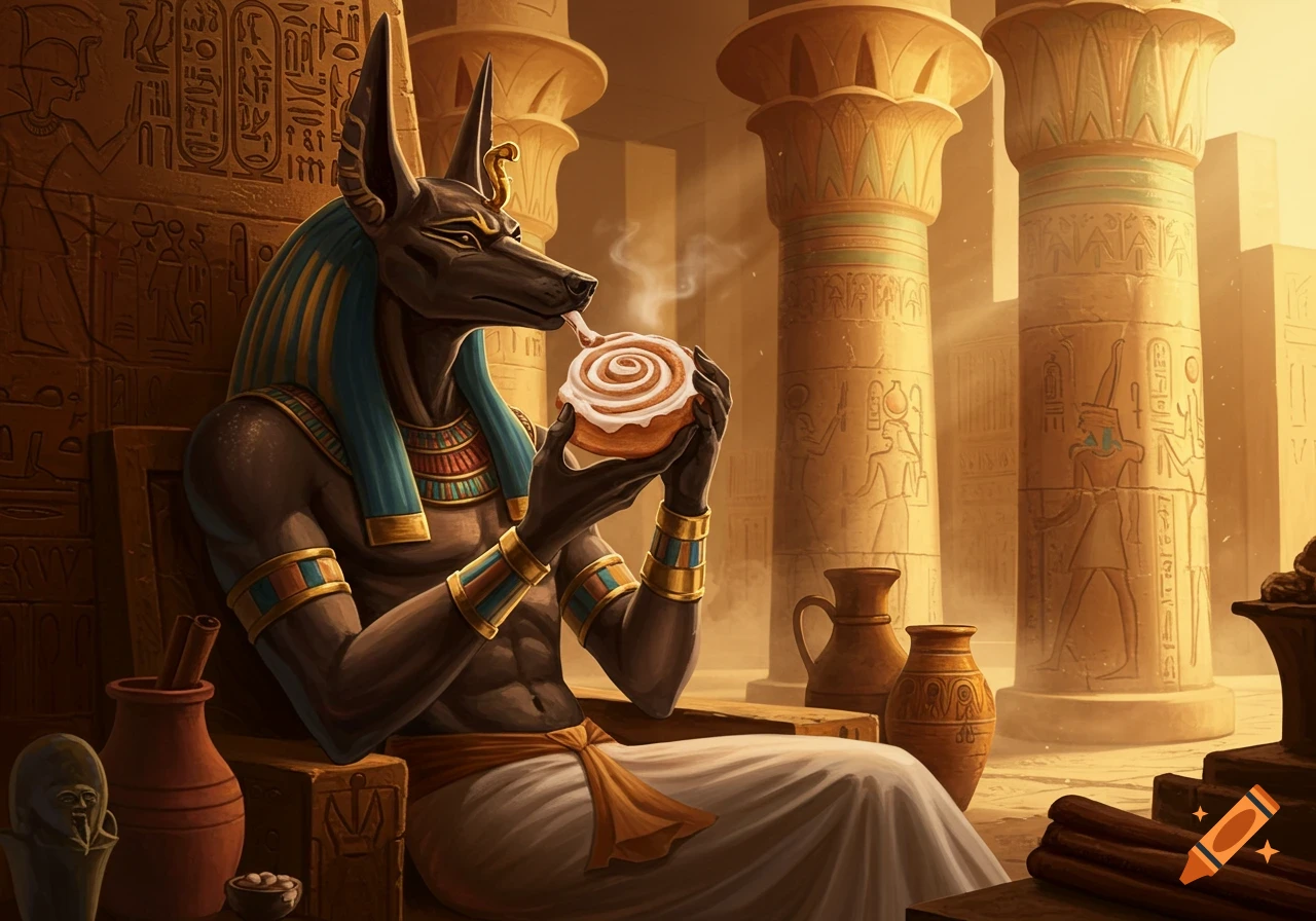 Anubis, the Egyptian god with a jackal head, sits on a throne in an ancient temple, licking a cinnamon roll.