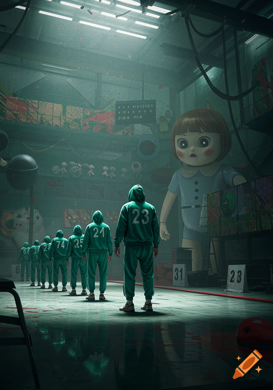 People in green tracksuits with numbers on their backs stand in a line facing a giant doll in a large, eerie, industrial-style room.