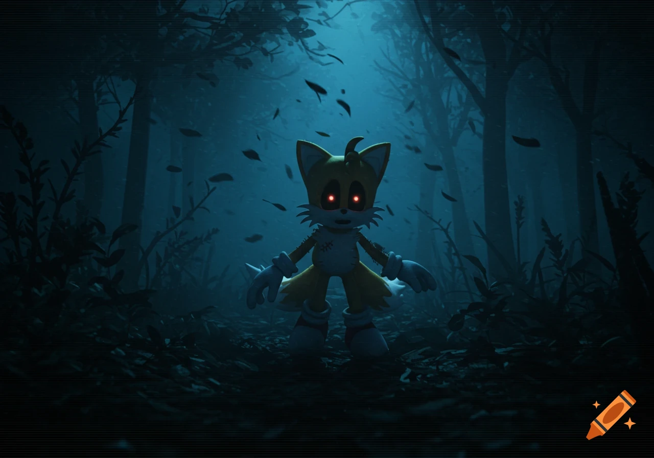 A creepy, patched-up Tails Doll character with glowing red eyes stands in a dark, misty forest at night, with a scanline effect.