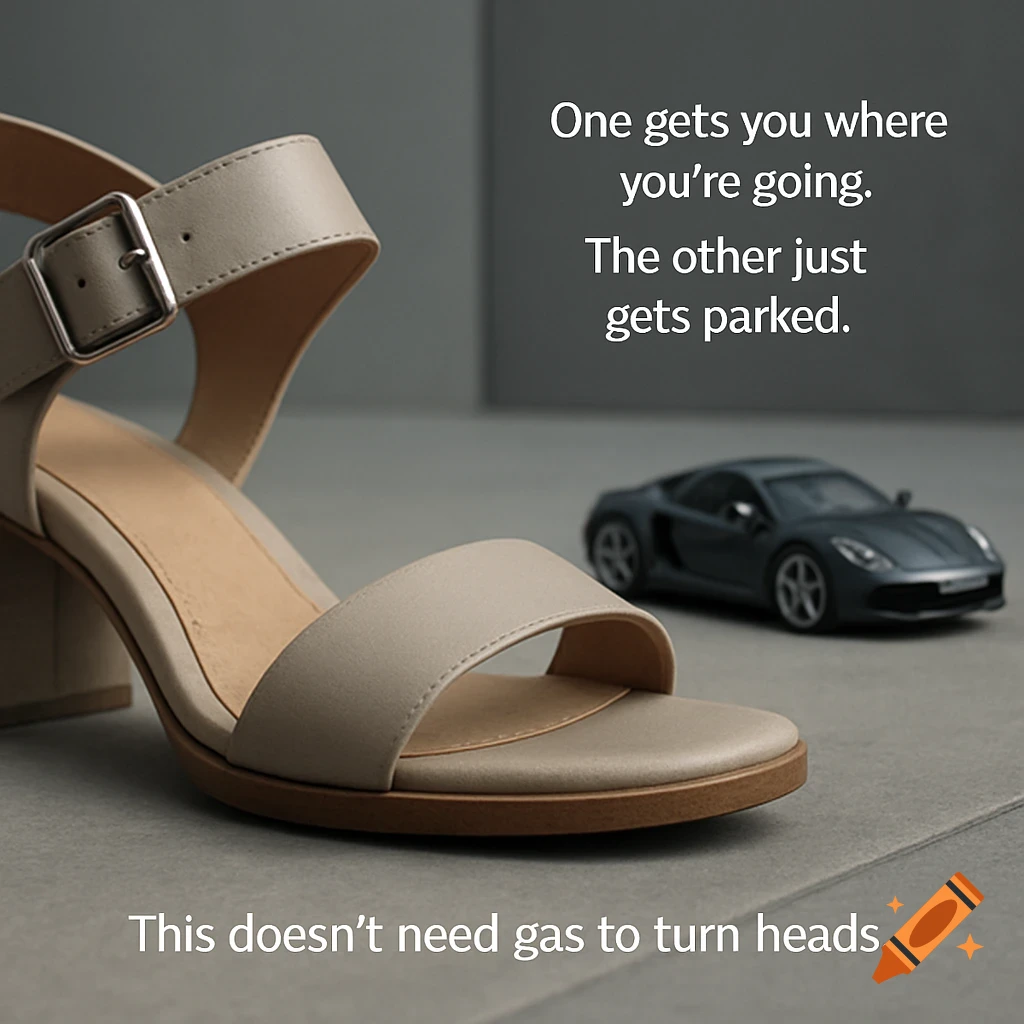 A beige women's high-heel sandal next to a blurred miniature gray sports car with text comparing them.