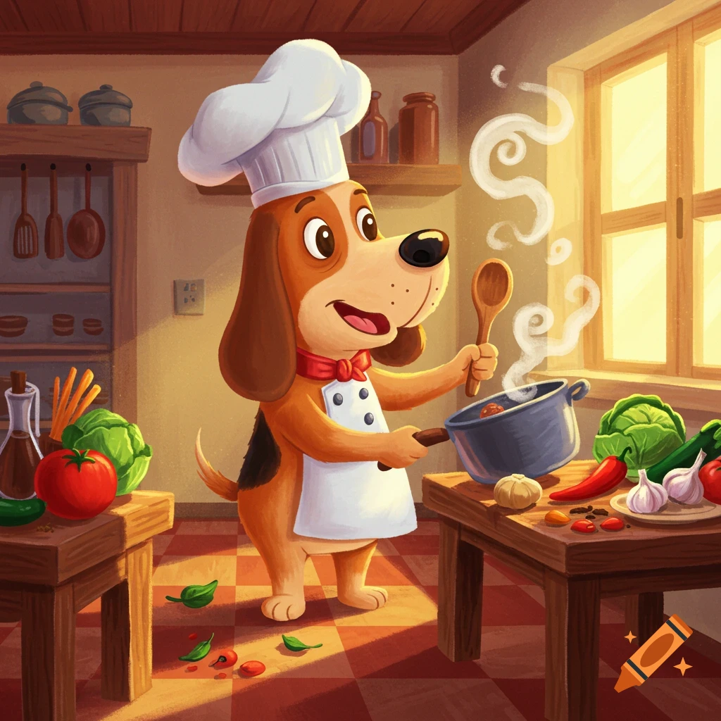 A happy cartoon hound dog wearing a chef hat and apron, cooking in a kitchen filled with vegetables and cooking utensils.