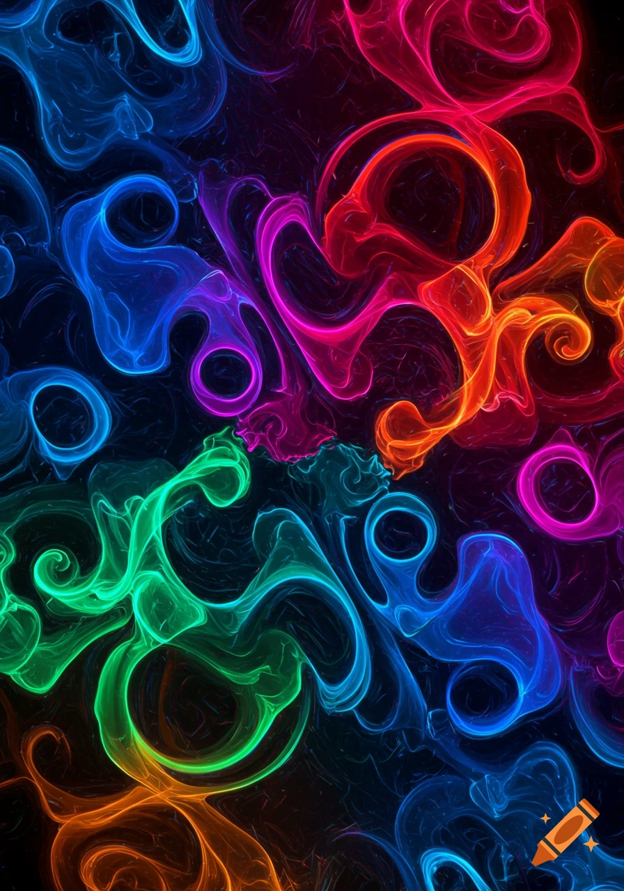A vibrant abstract pattern of swirling, glowing shapes in neon blues, purples, reds, oranges, and greens on a dark background.