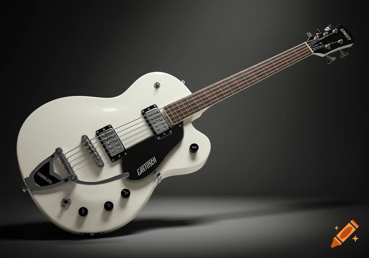 Photorealistic image of a white Gretsch Electromatic CVT Bass guitar with a black pickguard, set against a dark grey background.
