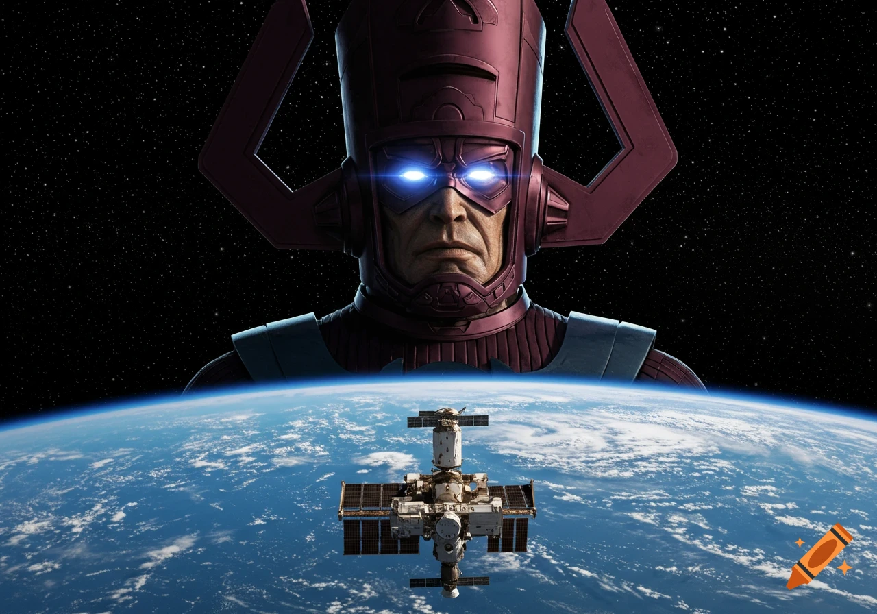 A realistic depiction of Galactus looking down at Earth and the International Space Station from space.
