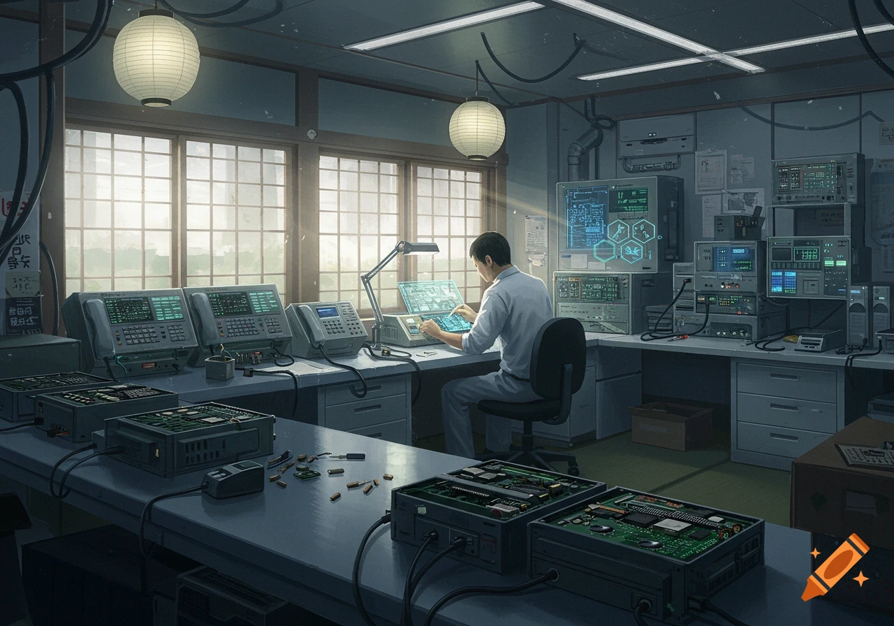 A Japanese engineer works at a desk filled with electronic equipment and monitors in a lab, illuminated by natural light.